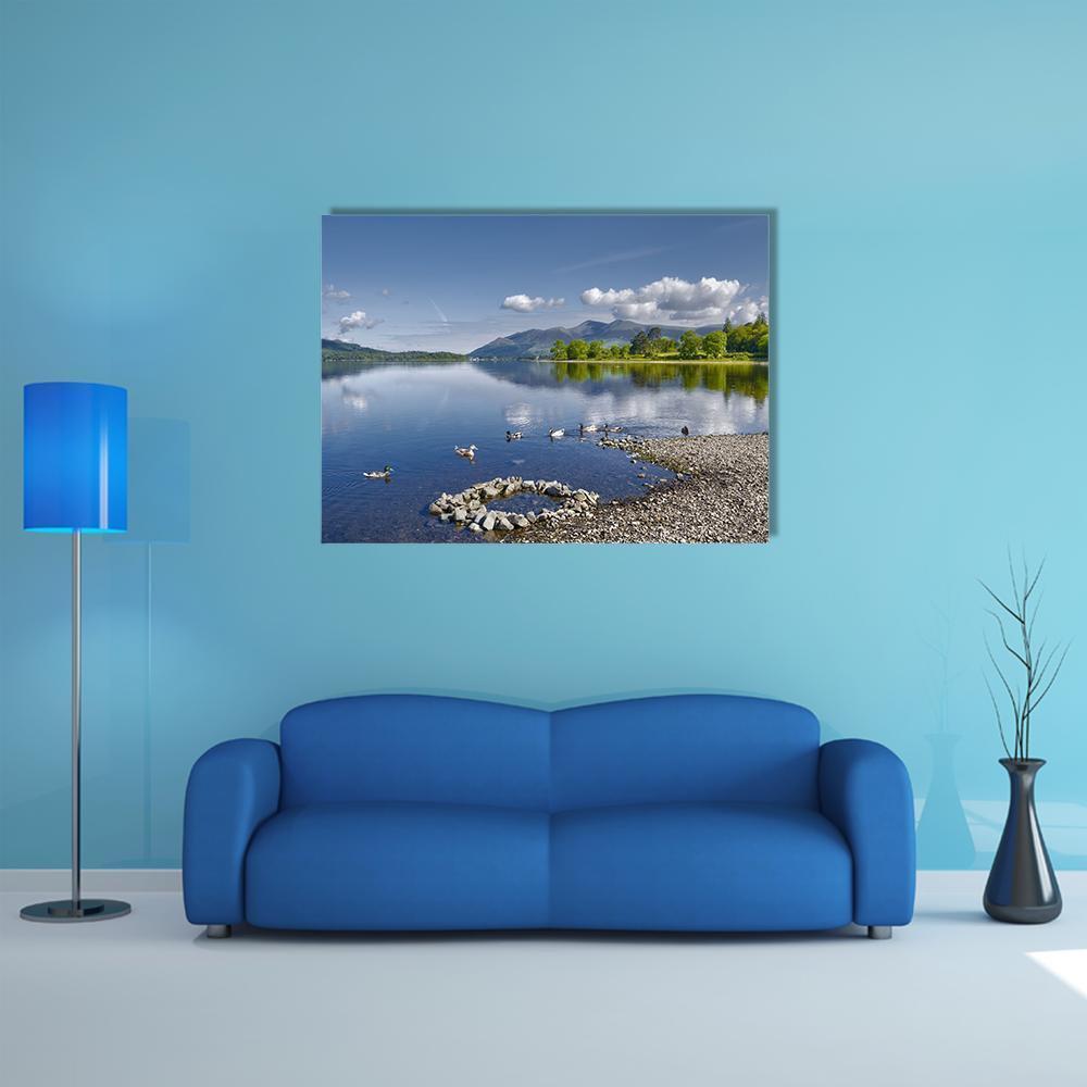 Derwent Water Lake Reflections Canvas Wall Art in gray, green and blue, single panel hung on a wall