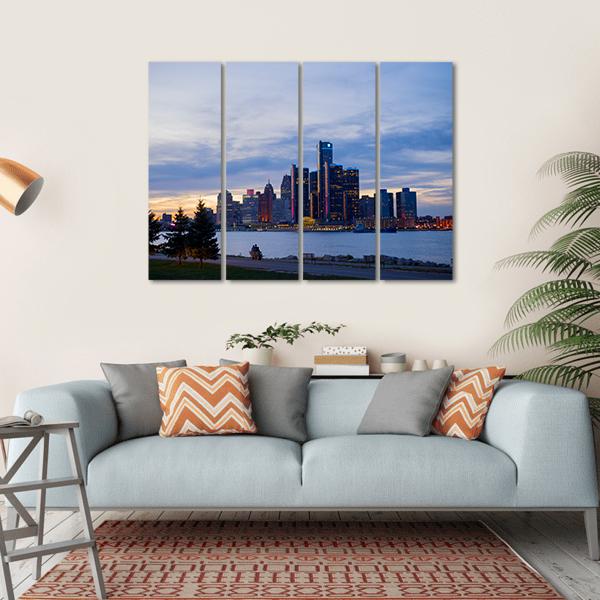 View Of Detroit Skyline In Ontario Canvas Wall Art-4 Horizontal-Gallery Wrap-34" x 24"-Tiaracle