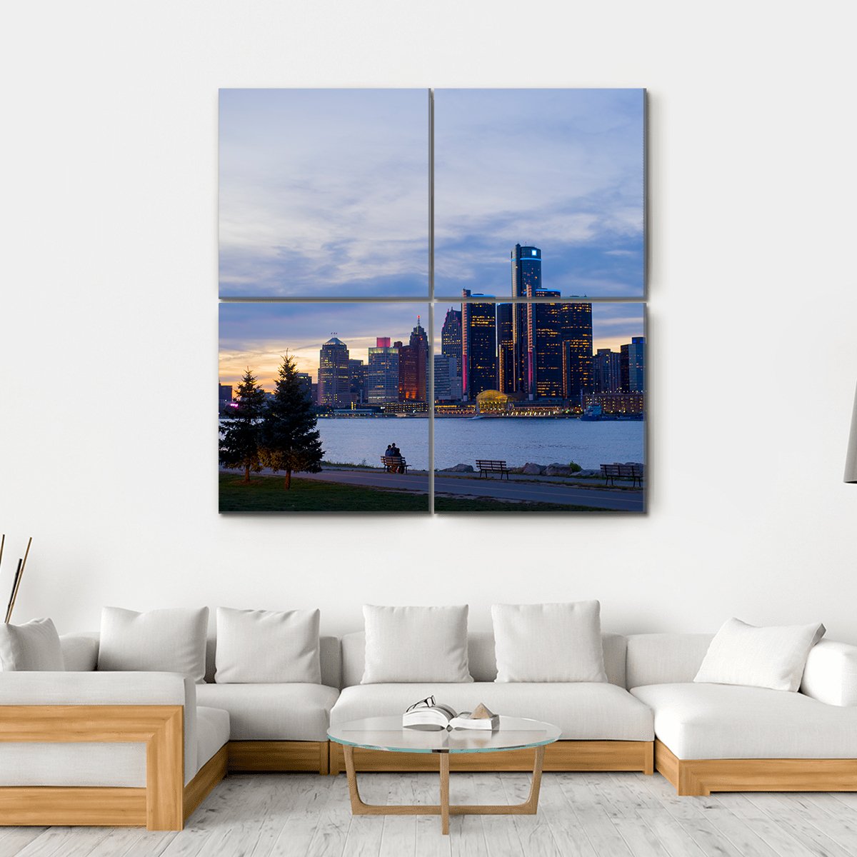 View Of Detroit Skyline In Ontario Canvas Wall Art-4 Square-Gallery Wrap-17" x 17"-Tiaracle