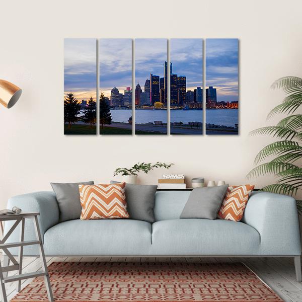 View Of Detroit Skyline In Ontario Canvas Wall Art-5 Horizontal-Gallery Wrap-22" x 12"-Tiaracle