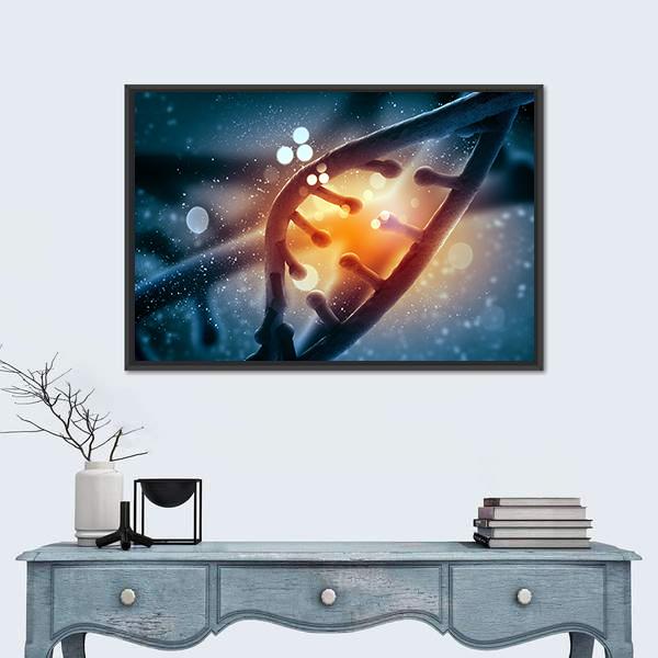 Glowing Dna Double Helix Canvas Wall Art in orange, blue and navy, framed canvas, product view on a white background