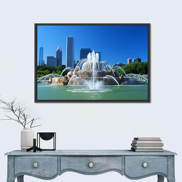 Chicago Skyline with Buckingham Fountain Canvas Wall Art in white, green and blue, framed canvas, product view on a white background