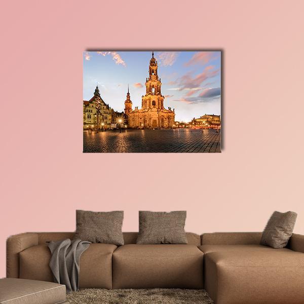 Dresden Cathedral at Sunset Canvas Wall Art in brown, orange and blue, single panel hung on a wall