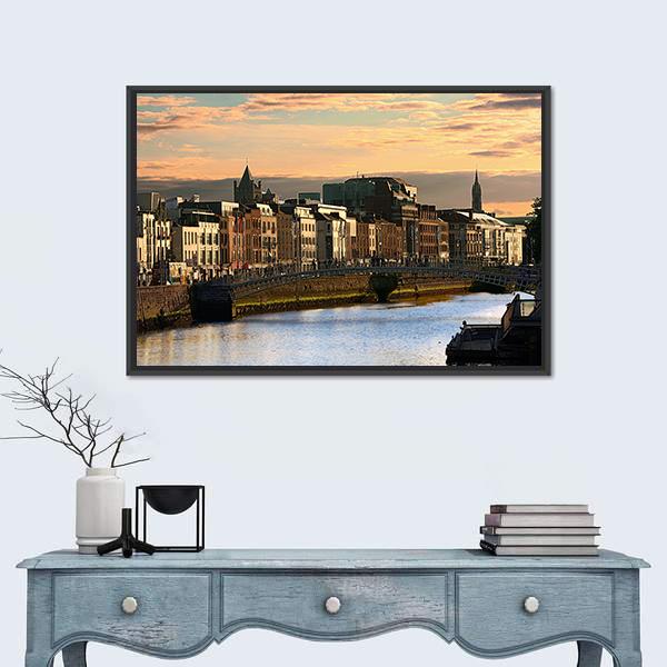 View Of Dublin And River Liffey At Sunset Canvas Wall Art-1 Piece-Floating Frame-24" x 16"-Tiaracle