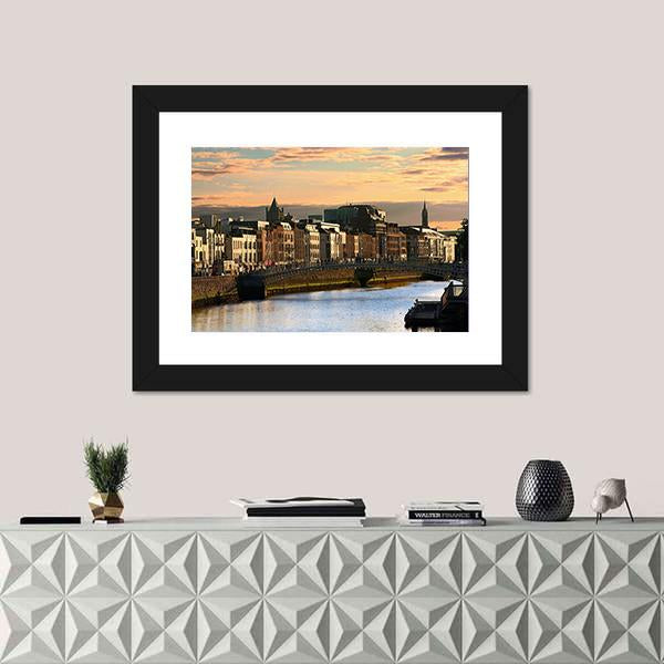 View Of Dublin And River Liffey At Sunset Canvas Wall Art-1 Piece-Framed Print-20" x 16"-Tiaracle