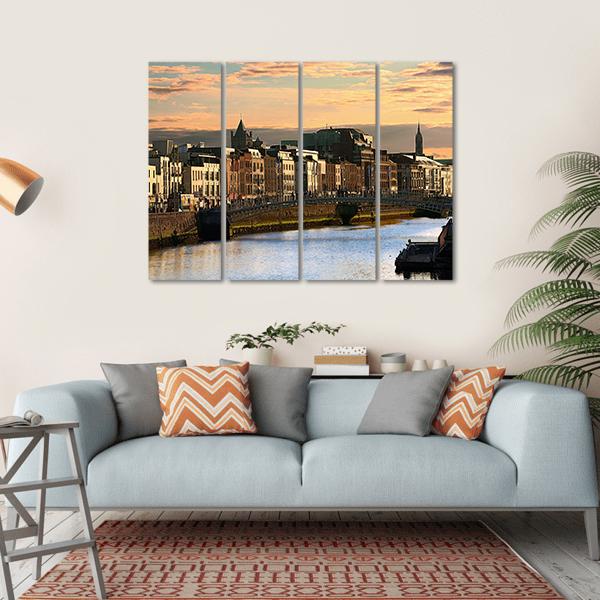 View Of Dublin And River Liffey At Sunset Canvas Wall Art-4 Horizontal-Gallery Wrap-34" x 24"-Tiaracle