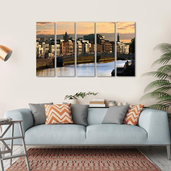 View Of Dublin And River Liffey At Sunset Canvas Wall Art-5 Horizontal-Gallery Wrap-22" x 12"-Tiaracle