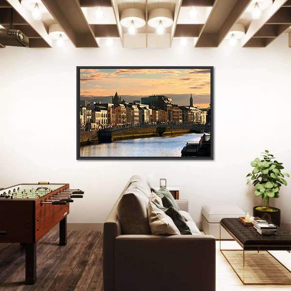 View Of Dublin And River Liffey At Sunset Canvas Wall Art-5 Horizontal-Gallery Wrap-22" x 12"-Tiaracle