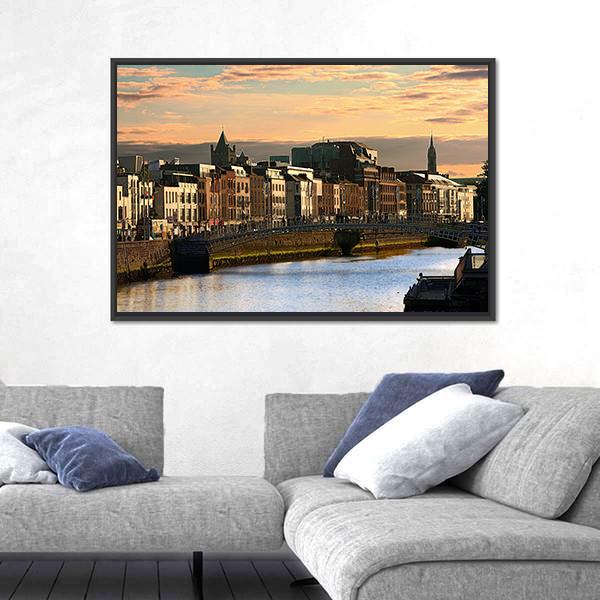 View Of Dublin And River Liffey At Sunset Canvas Wall Art-3 Horizontal-Gallery Wrap-25" x 16"-Tiaracle