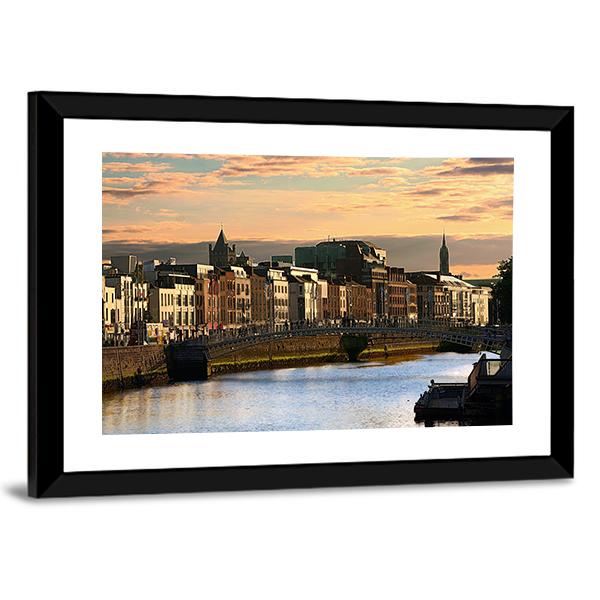View Of Dublin And River Liffey At Sunset Canvas Wall Art-5 Horizontal-Gallery Wrap-22" x 12"-Tiaracle