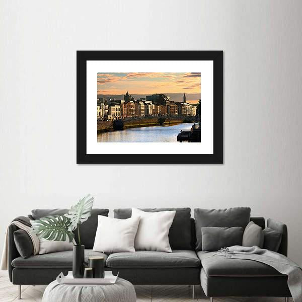 View Of Dublin And River Liffey At Sunset Canvas Wall Art-3 Horizontal-Gallery Wrap-25" x 16"-Tiaracle