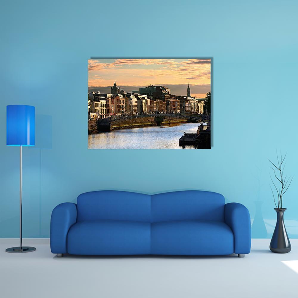 View Of Dublin And River Liffey At Sunset Canvas Wall Art-1 Piece-Gallery Wrap-48" x 32"-Tiaracle