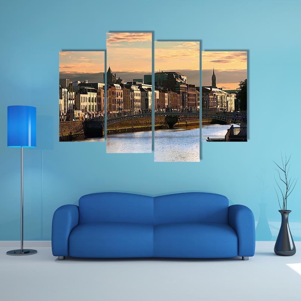 View Of Dublin And River Liffey At Sunset Canvas Wall Art-4 Pop-Gallery Wrap-50" x 32"-Tiaracle