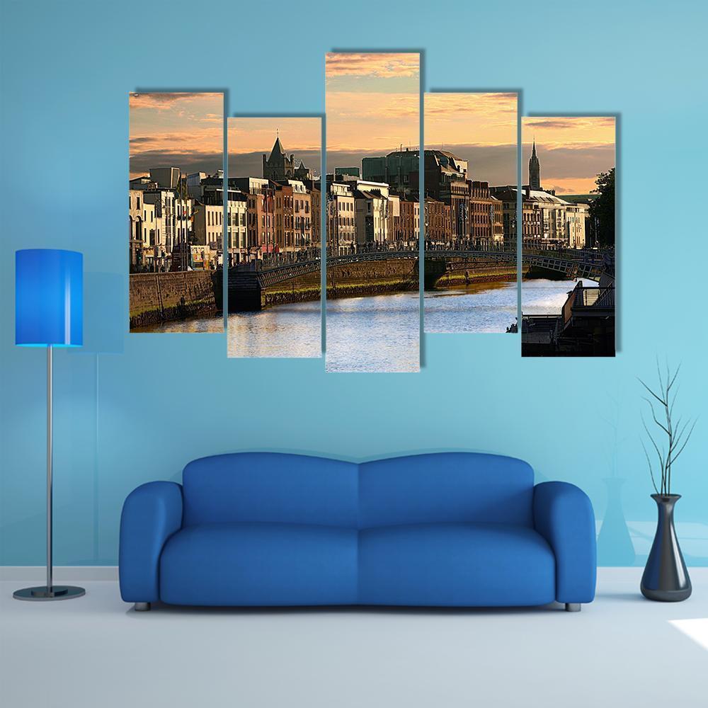 View Of Dublin And River Liffey At Sunset Canvas Wall Art-5 Pop-Gallery Wrap-47" x 32"-Tiaracle