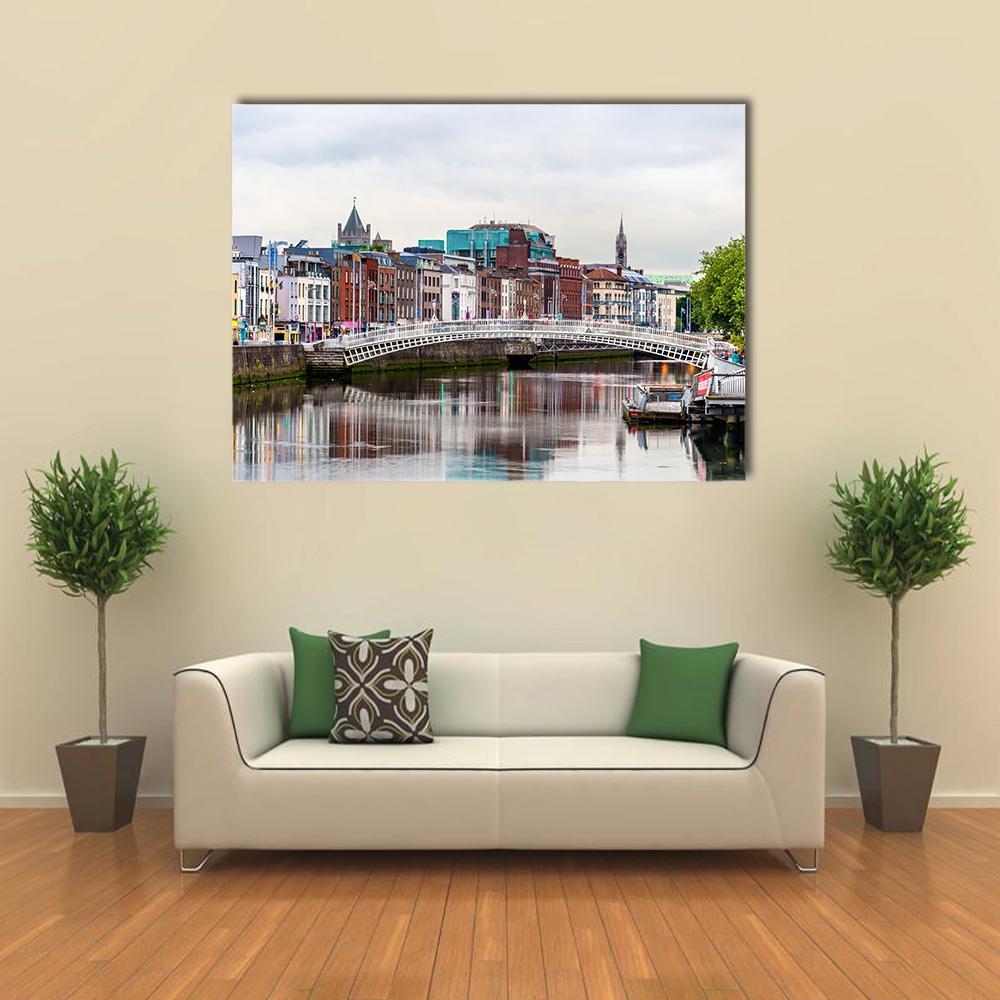 Ha'penny Bridge Over Dublin River Canvas Wall Art in gray, brown and blue, single panel hung on a wall