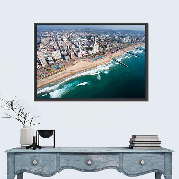 Durban Beach and City Skyline Canvas Wall Art in white, beige and blue, framed canvas, product view on a white background