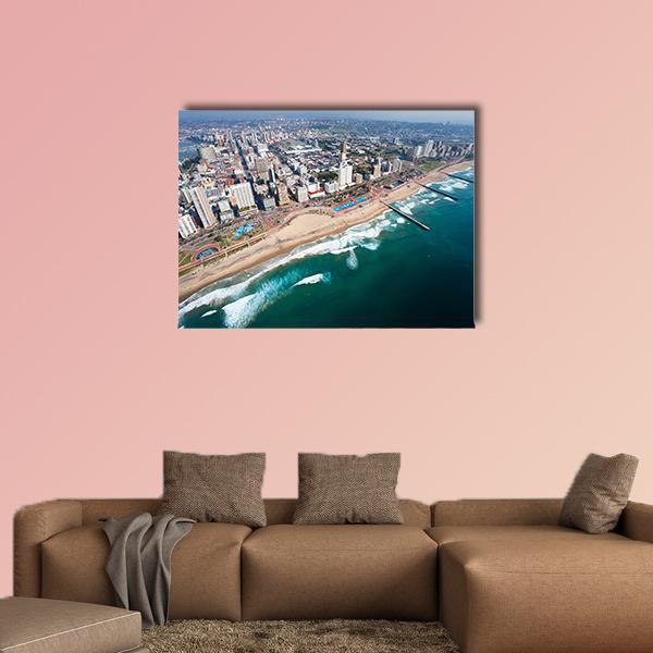 Durban Beach and City Skyline Canvas Wall Art in white, beige and blue, single panel hung on a wall