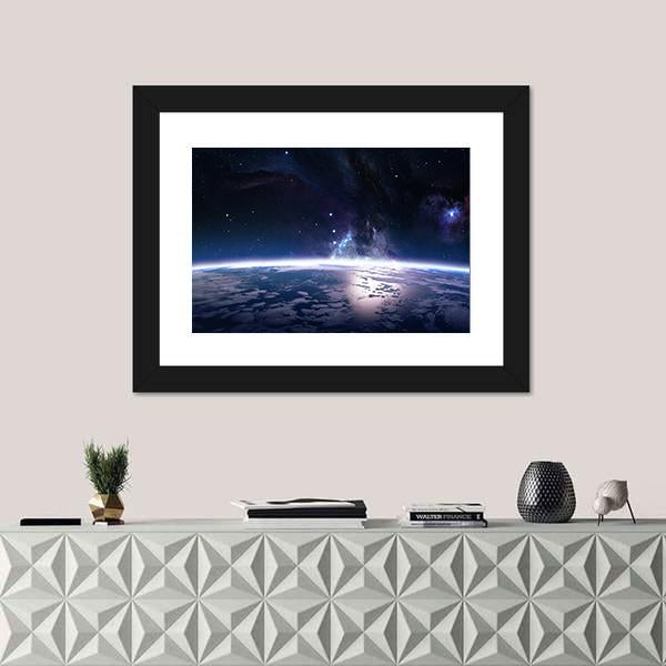 View Of Earth From Space Canvas Wall Art-1 Piece-Framed Print-20" x 16"-Tiaracle