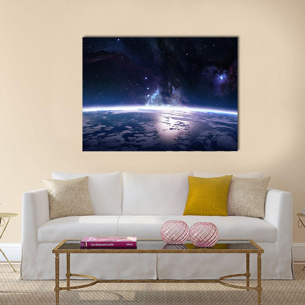Earth Horizon at Cosmic Sunrise Canvas Wall Art in black, blue and purple, single panel hung on a wall