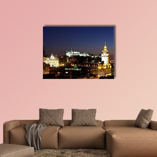 Edinburgh Castle from Calton Hill at Night Canvas Wall Art in black, yellow and blue, single panel hung on a wall