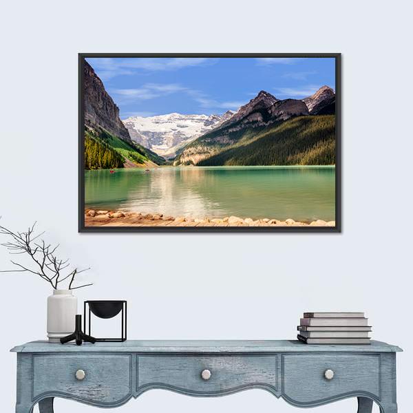 View Of Emerald Green Lake And Snow Capped Mountains Canvas Wall Art-1 Piece-Floating Frame-24" x 16"-Tiaracle