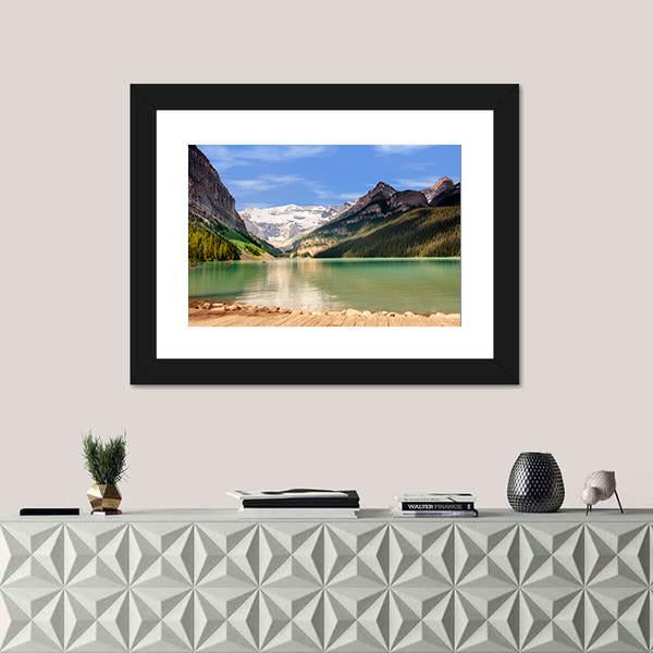 View Of Emerald Green Lake And Snow Capped Mountains Canvas Wall Art-1 Piece-Framed Print-20" x 16"-Tiaracle