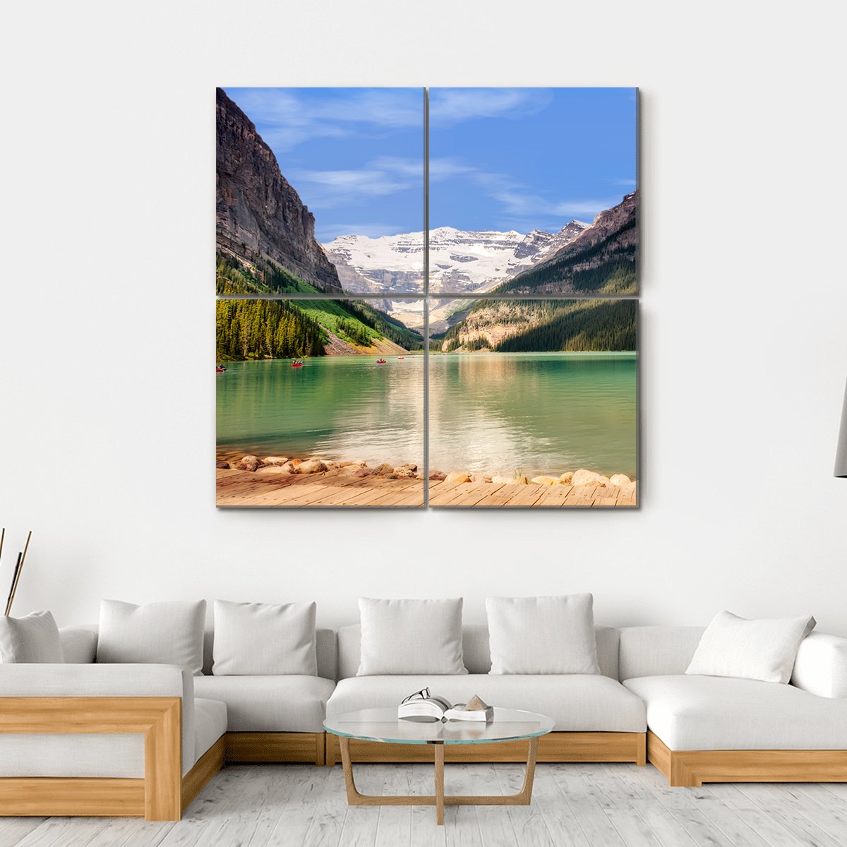 View Of Emerald Green Lake And Snow Capped Mountains Canvas Wall Art-4 Square-Gallery Wrap-17" x 17"-Tiaracle
