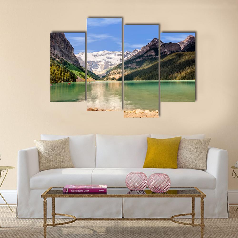 View Of Emerald Green Lake And Snow Capped Mountains Canvas Wall Art-4 Pop-Gallery Wrap-50" x 32"-Tiaracle