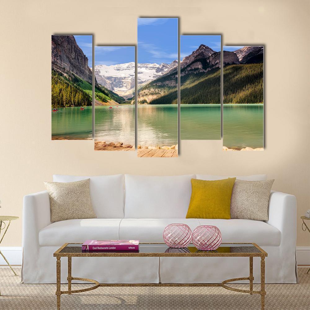 View Of Emerald Green Lake And Snow Capped Mountains Canvas Wall Art-5 Pop-Gallery Wrap-47" x 32"-Tiaracle