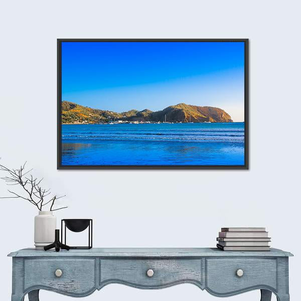 View Of Empty Blue Water Beach Canvas Wall Art-1 Piece-Floating Frame-24&quot; x 16&quot;-Tiaracle