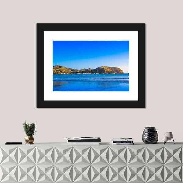 View Of Empty Blue Water Beach Canvas Wall Art-1 Piece-Framed Print-20" x 16"-Tiaracle