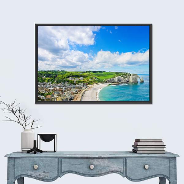 View Of Etretat Village Canvas Wall Art-1 Piece-Floating Frame-24&quot; x 16&quot;-Tiaracle