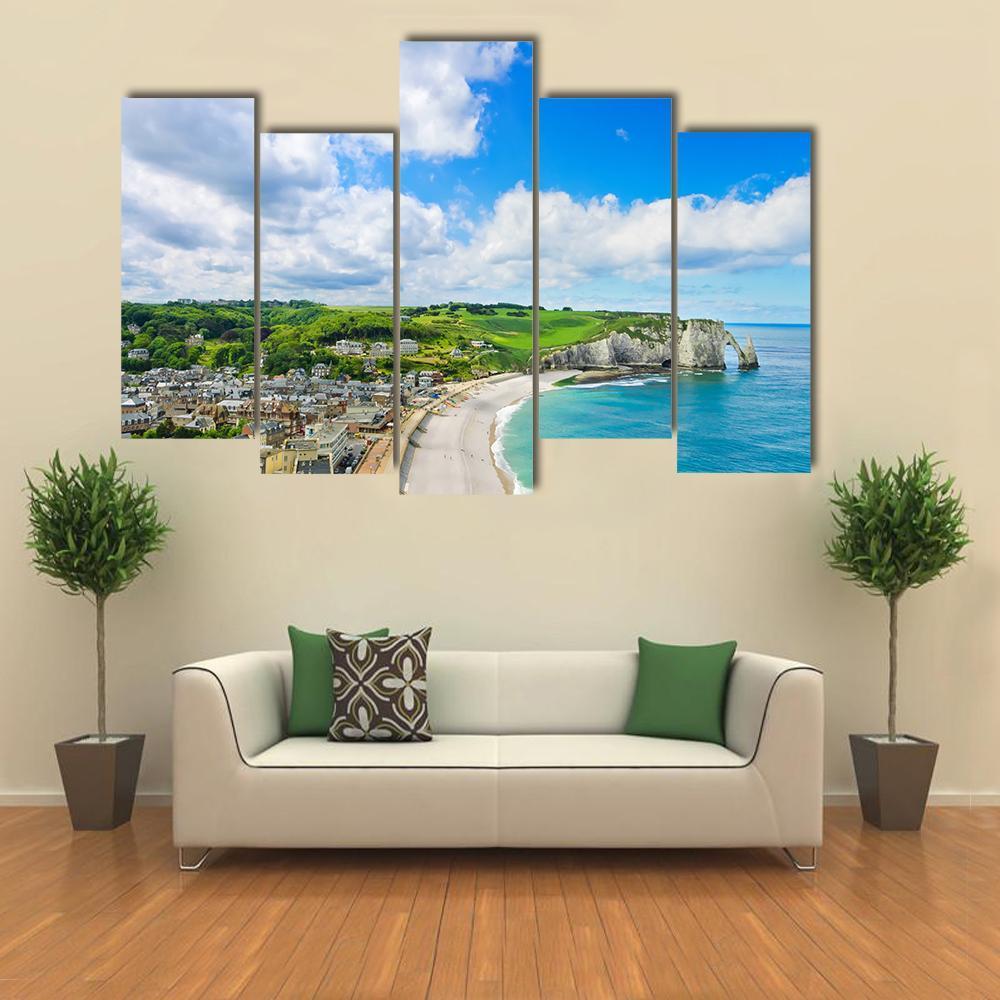 View Of Etretat Village Canvas Wall Art-5 Pop-Gallery Wrap-47&quot; x 32&quot;-Tiaracle
