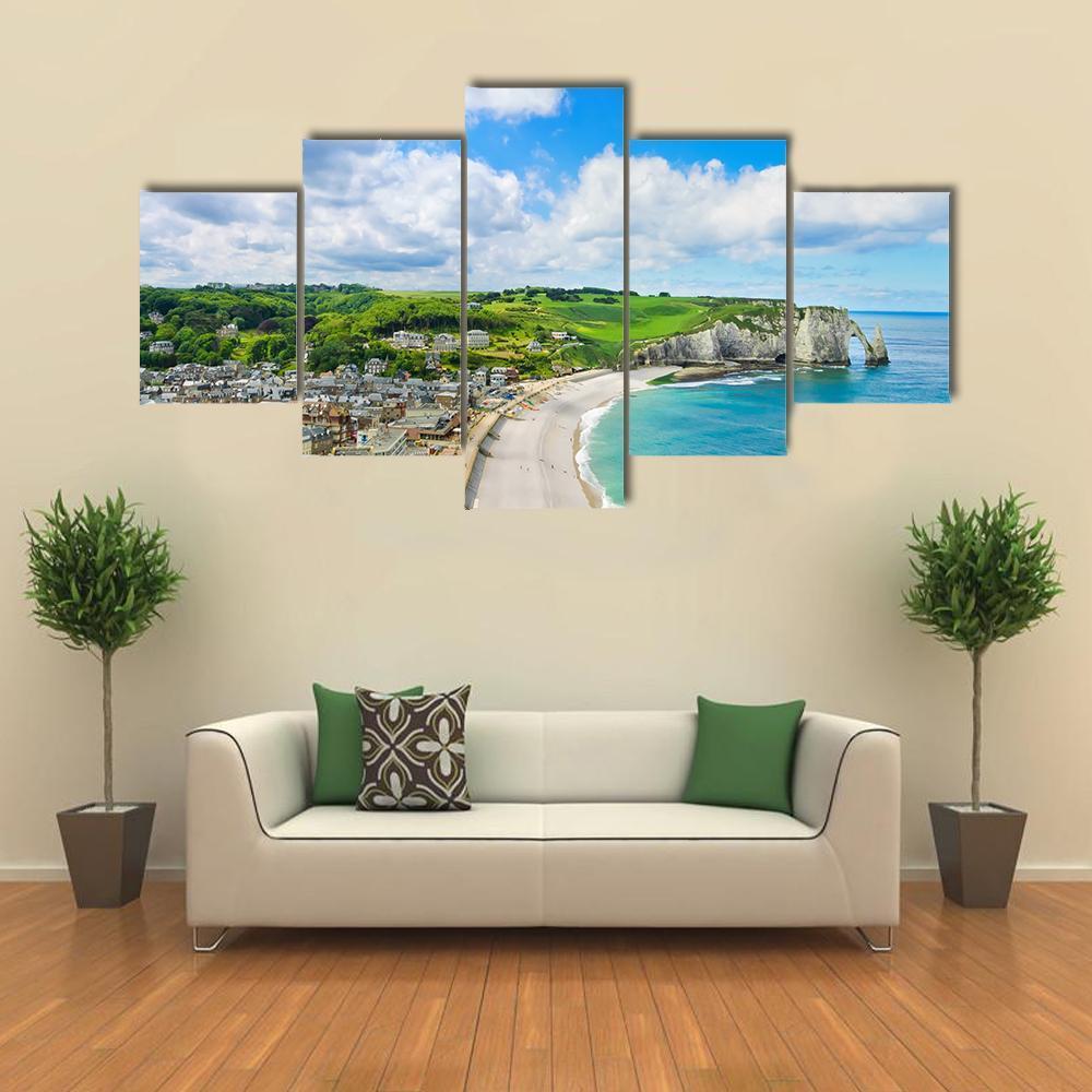 View Of Etretat Village Canvas Wall Art-5 Star-Gallery Wrap-62" x 32"-Tiaracle