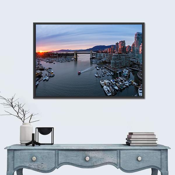 View Of False Creek In Downtown Vancouver Canvas Wall Art-1 Piece-Floating Frame-24" x 16"-Tiaracle