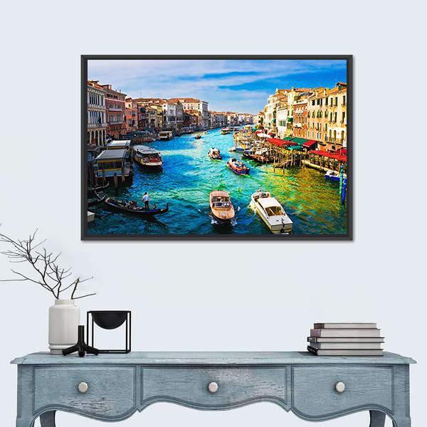 Grand Canal in Venice Canvas Wall Art in beige, brown and blue, framed canvas, product view on a white background