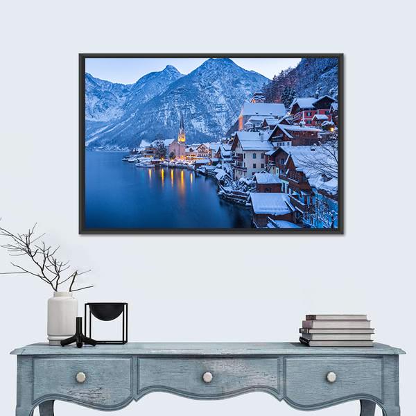 view Of Famous Hallstatt Lakeside Town Canvas Wall Art-1 Piece-Floating Frame-24" x 16"-Tiaracle