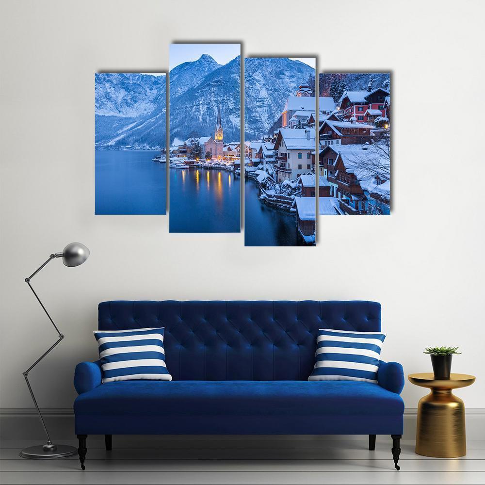 view Of Famous Hallstatt Lakeside Town Canvas Wall Art-4 Pop-Gallery Wrap-50" x 32"-Tiaracle