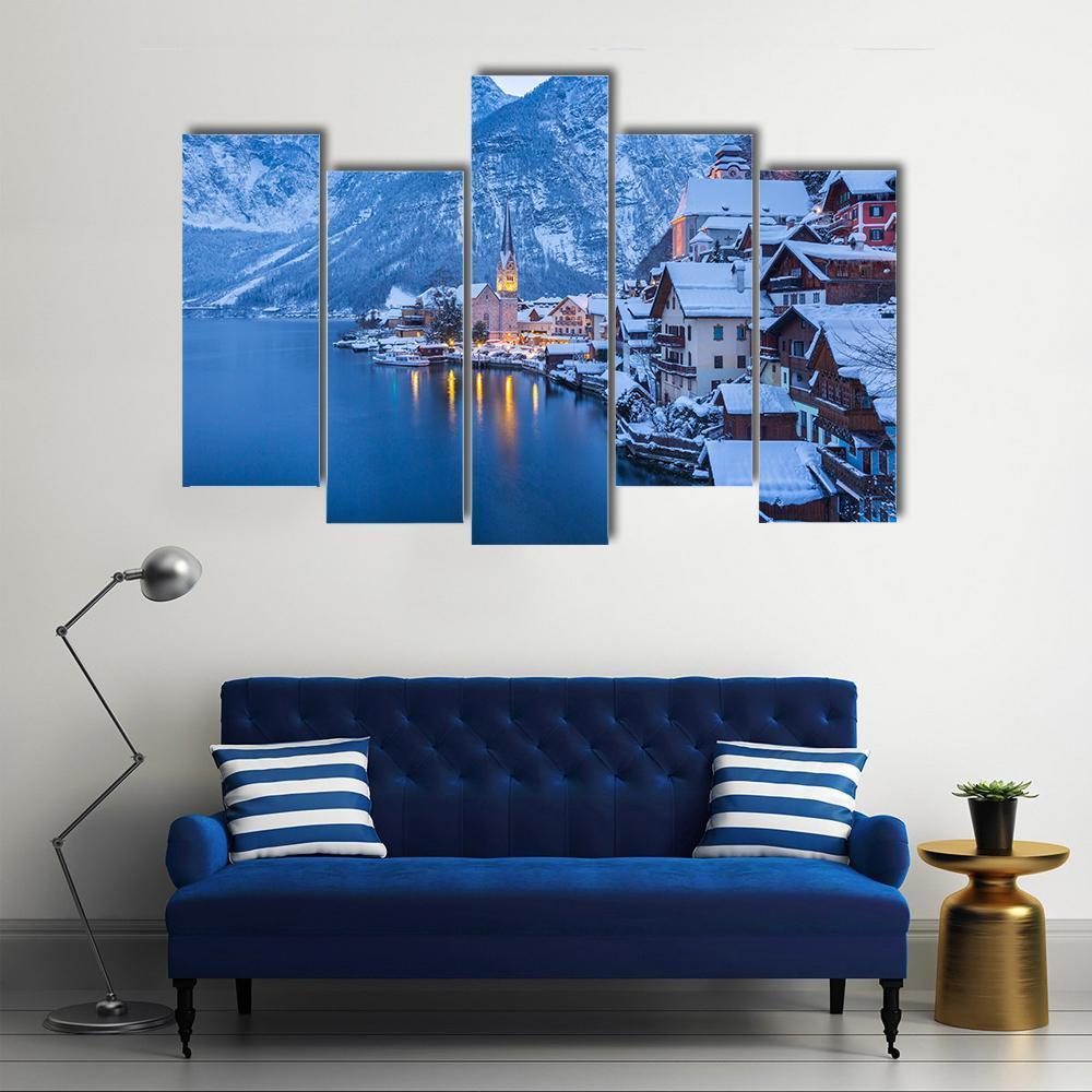 view Of Famous Hallstatt Lakeside Town Canvas Wall Art-5 Pop-Gallery Wrap-47" x 32"-Tiaracle