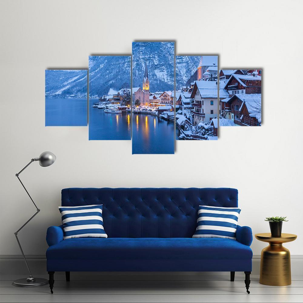 view Of Famous Hallstatt Lakeside Town Canvas Wall Art-5 Star-Gallery Wrap-62" x 32"-Tiaracle