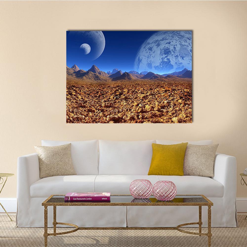 Alien Landscape with Twin Moons Canvas Wall Art in brown, orange and blue, single panel hung on a wall