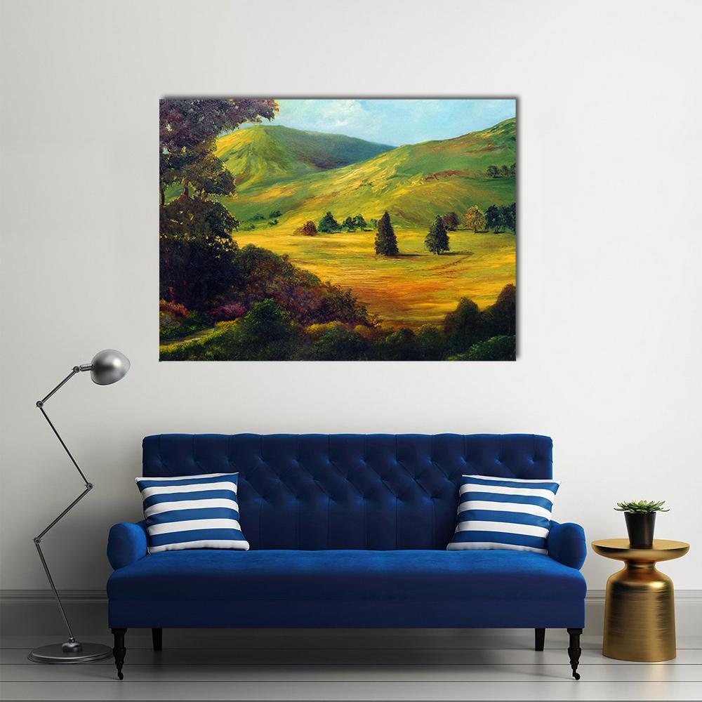 Sunlit Farm Fields Oil Painting Canvas Wall Art in brown, yellow and green, single panel hung on a wall
