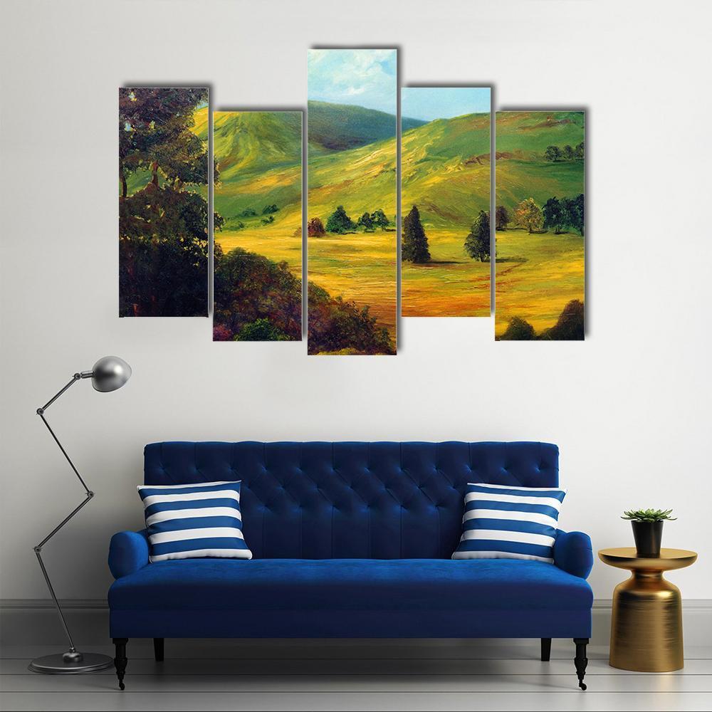 View Of Farm Fields Oil Painting Canvas Wall Art-5 Pop-Gallery Wrap-47" x 32"-Tiaracle