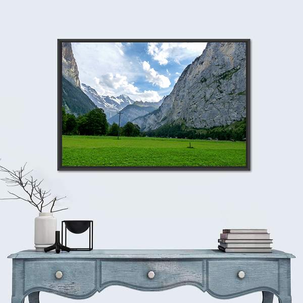 View Of Field And Mountains Against Sky Canvas Wall Art-1 Piece-Floating Frame-24" x 16"-Tiaracle