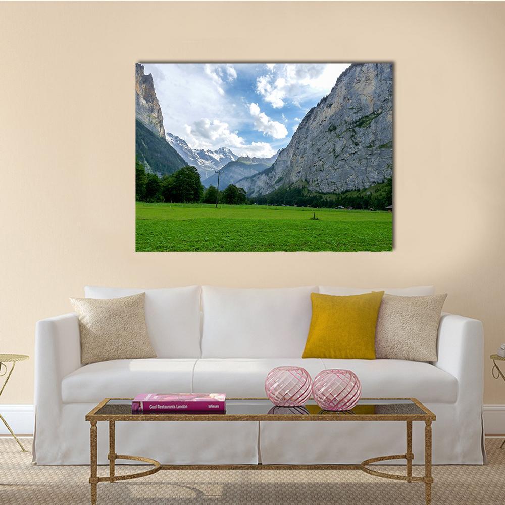 View Of Field And Mountains Against Sky Canvas Wall Art-1 Piece-Gallery Wrap-48" x 32"-Tiaracle