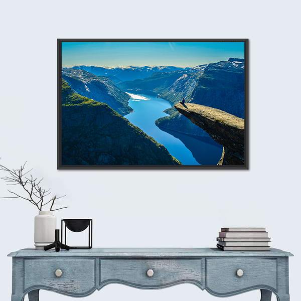 View Of Fjord In Oslo Person On Mountain Cliff Canvas Wall Art-1 Piece-Floating Frame-24" x 16"-Tiaracle