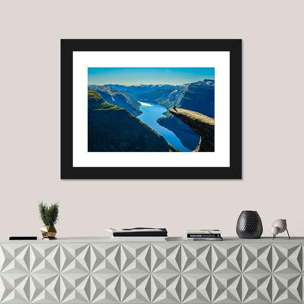 View Of Fjord In Oslo Person On Mountain Cliff Canvas Wall Art-1 Piece-Framed Print-20" x 16"-Tiaracle