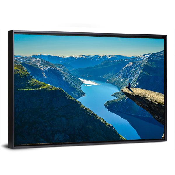 View Of Fjord In Oslo Person On Mountain Cliff Canvas Wall Art-3 Horizontal-Gallery Wrap-25" x 16"-Tiaracle