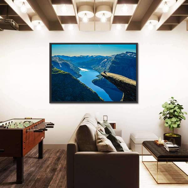 View Of Fjord In Oslo Person On Mountain Cliff Canvas Wall Art-3 Horizontal-Gallery Wrap-25" x 16"-Tiaracle