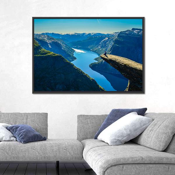 View Of Fjord In Oslo Person On Mountain Cliff Canvas Wall Art-5 Horizontal-Gallery Wrap-22&quot; x 12&quot;-Tiaracle